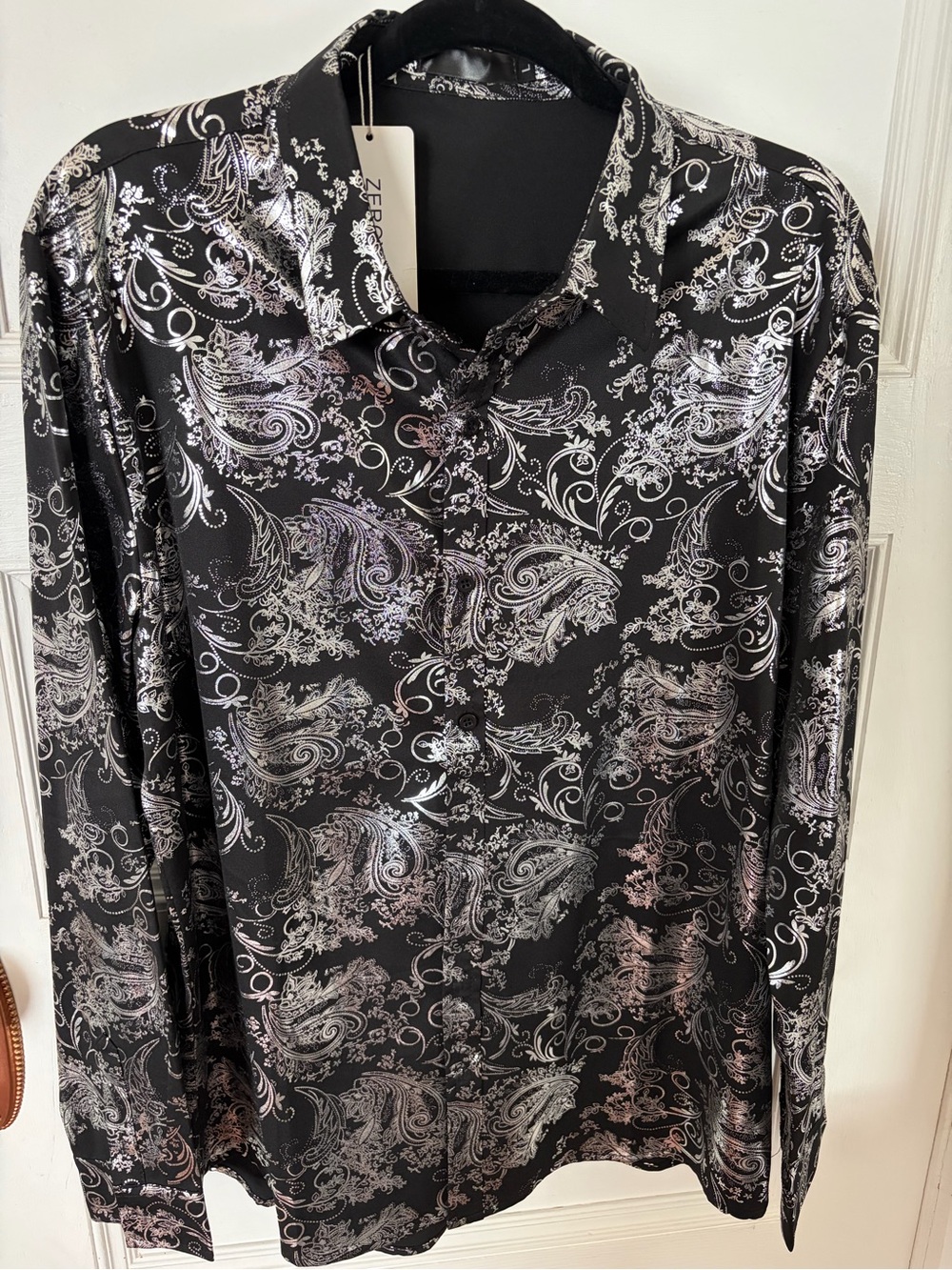 ZEF Black Satin Paisley Button-Down Shirt with Metallic Accents